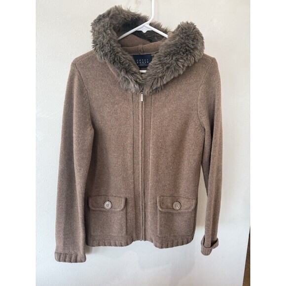 Liz Claiborne Sweaters - Liz Claiborne Crazy Horse Cardigan Womens Small Brown Lambs Wool Hoodie Full Zip